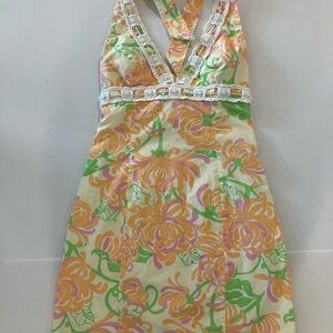 Lilly Pulitzer Backless Halter Straps Orange and Green Floral Dress size 6